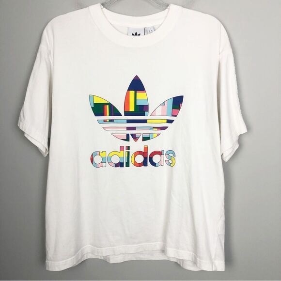 ADIDAS | Unisex Flag Fill Multicolor Trefoil White Crewneck Logo Tee Size Medium - Picture 2 of 11